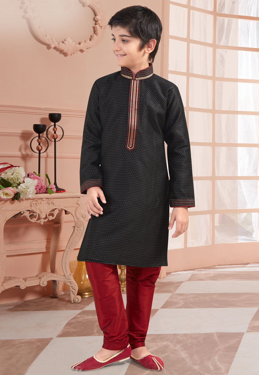 Black Jacquard Readymade Kids Kurta Pajama 200842