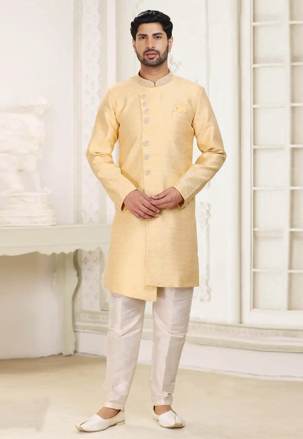 Light Yellow Banarasi Jacquard Indo Western Sherwani 264593