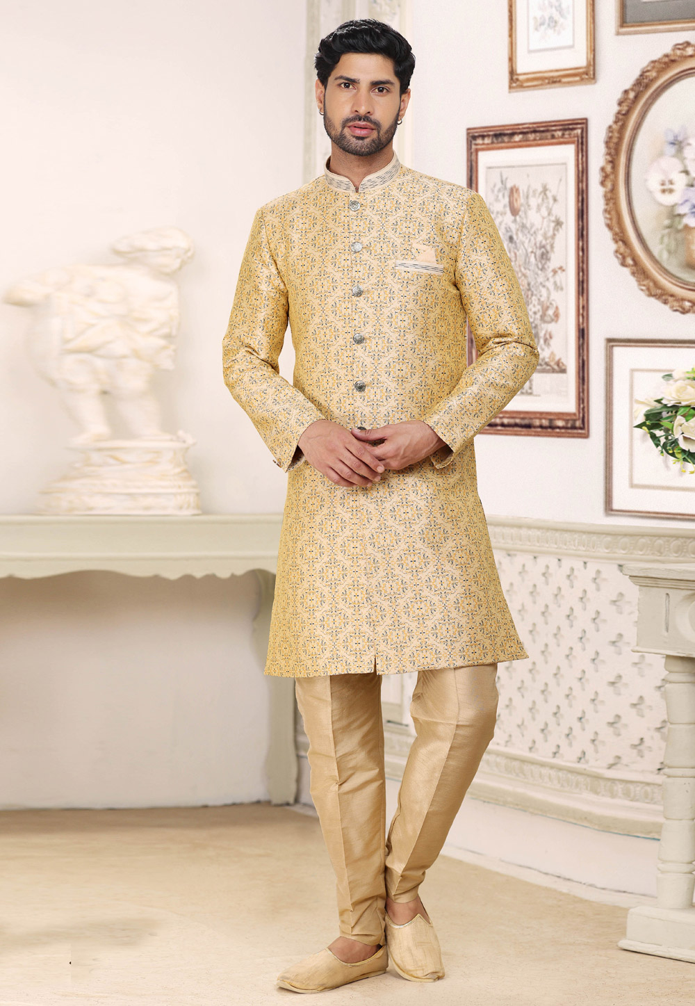 Beige Banarasi Jacquard Achkan Style Sherwani 264597