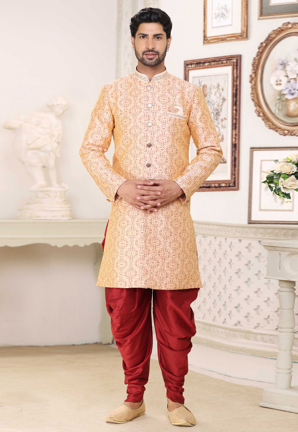 Peach Banarasi Jacquard Dhoti Sherwani 264599
