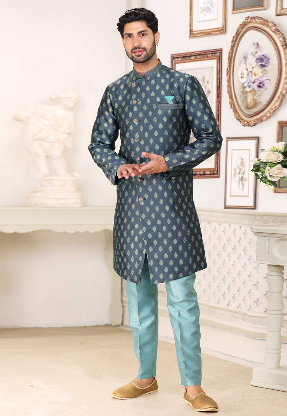 Navy Blue Banarasi Jacquard Achkan Style Sherwani 264600