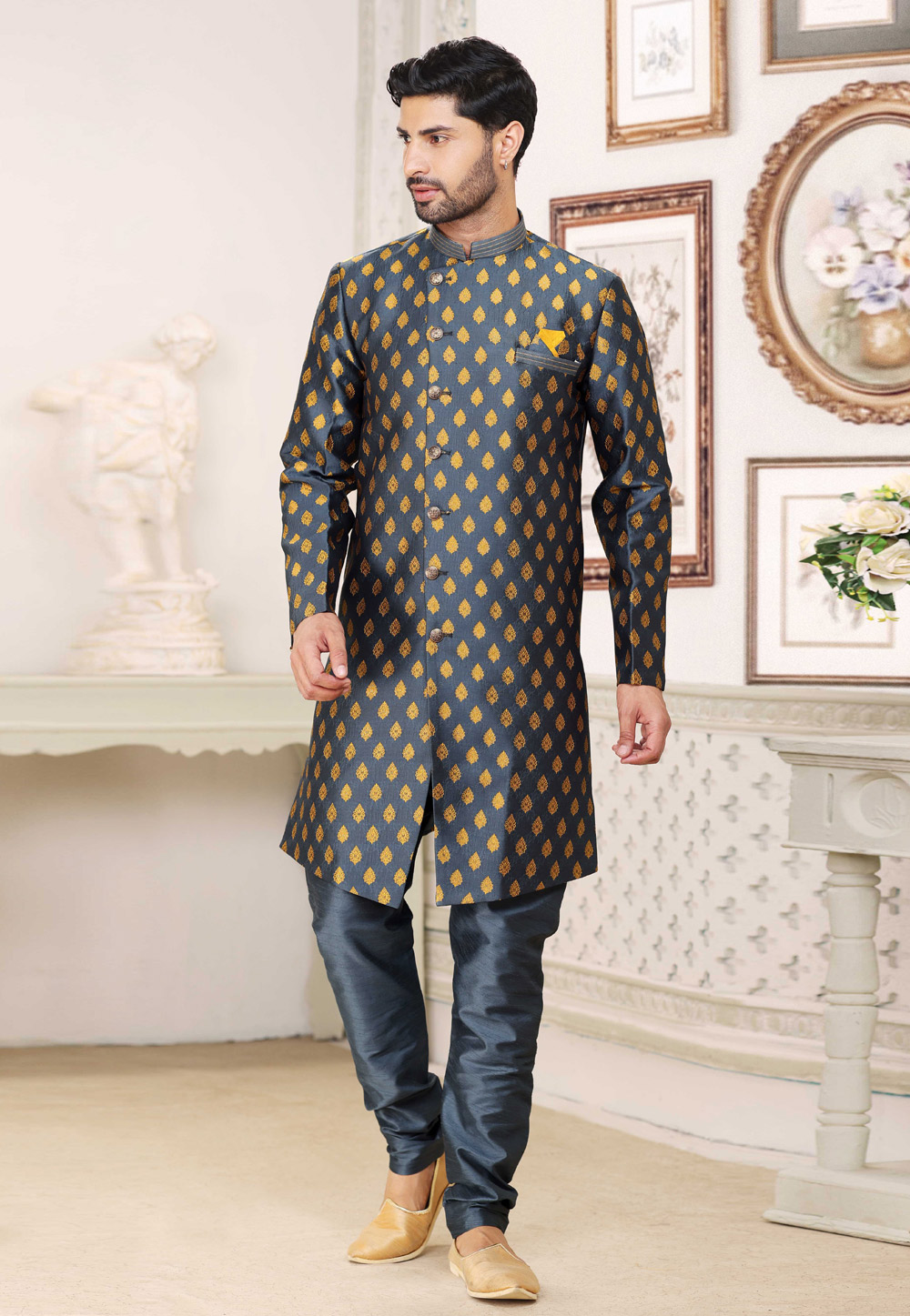 Navy Blue Banarasi Jacquard Achkan Style Sherwani 264601
