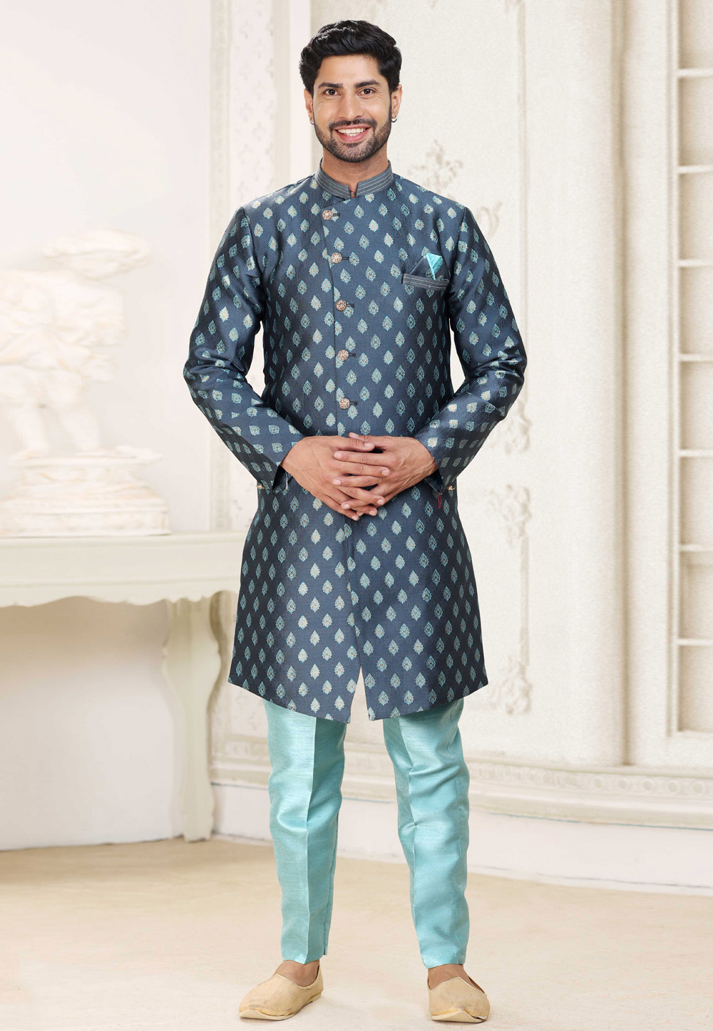 Navy Blue Banarasi Jacquard Achkan Style Sherwani 264602