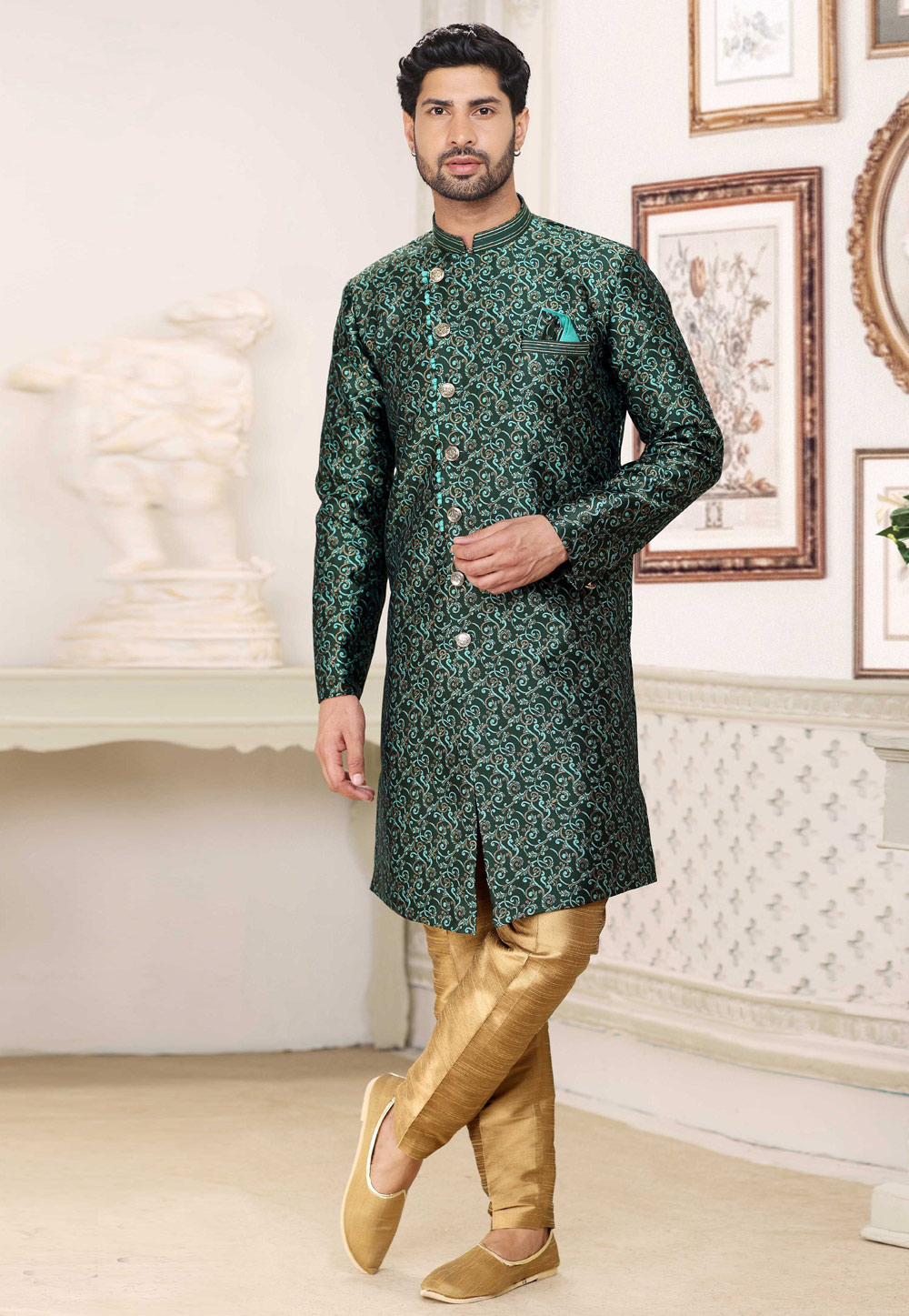 Green Banarasi Jacquard Achkan Style Sherwani 264604