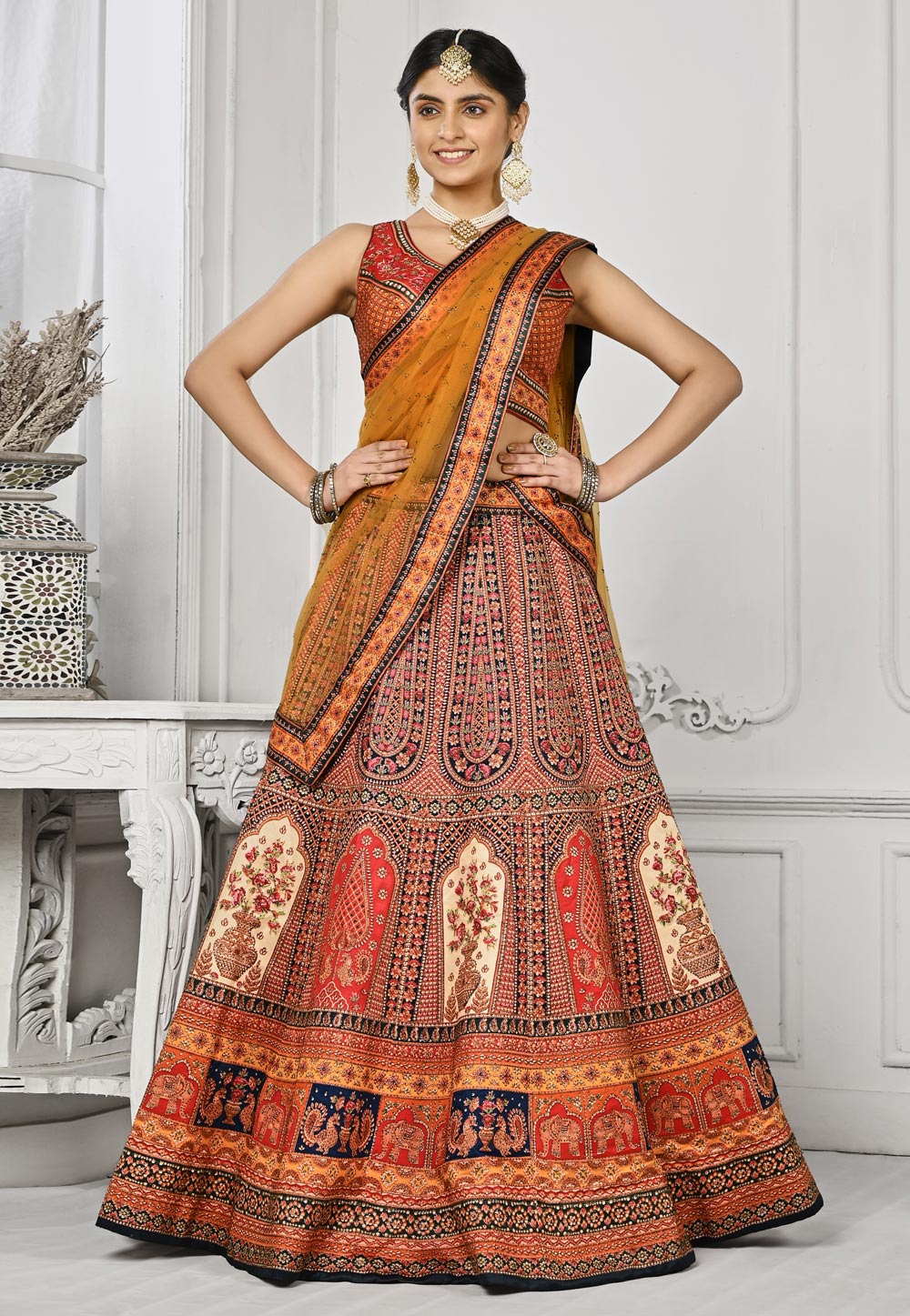 Red Satin Silk A Line Lehenga Choli 274963