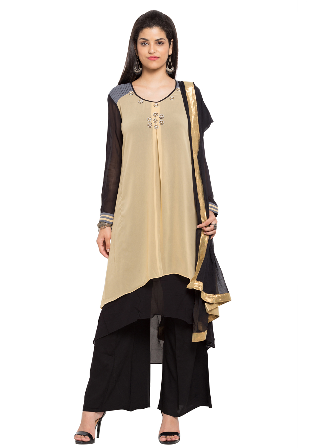Beige Faux Georgette Readymade Palazzo Suit 230381