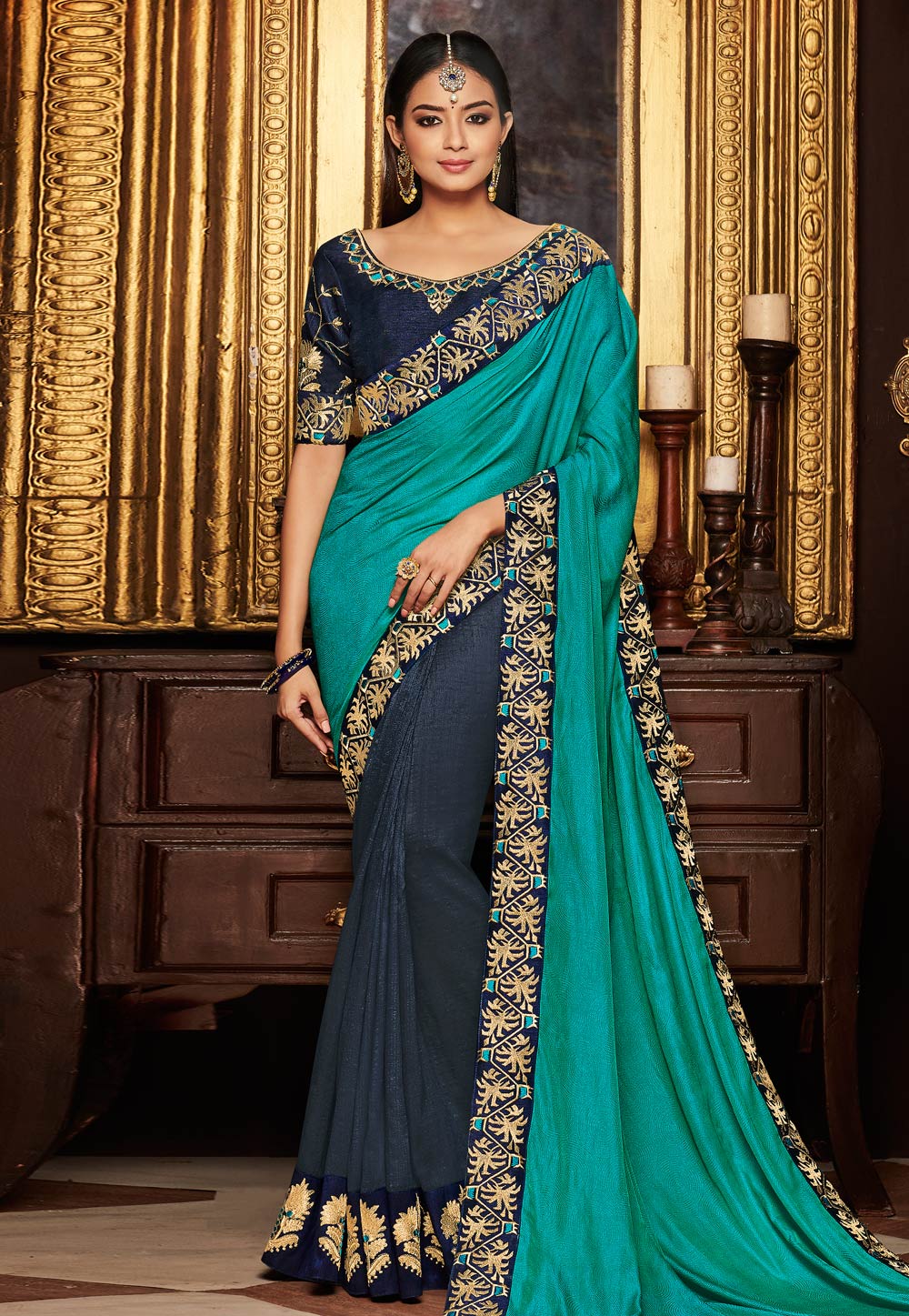 Turquoise Blue Jacquard Half and Half Saree 160219