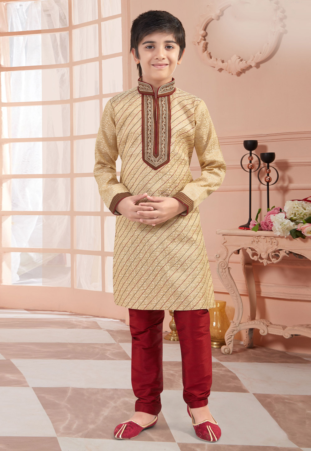 Beige Jacquard Readymade Kids Kurta Pajama 200843