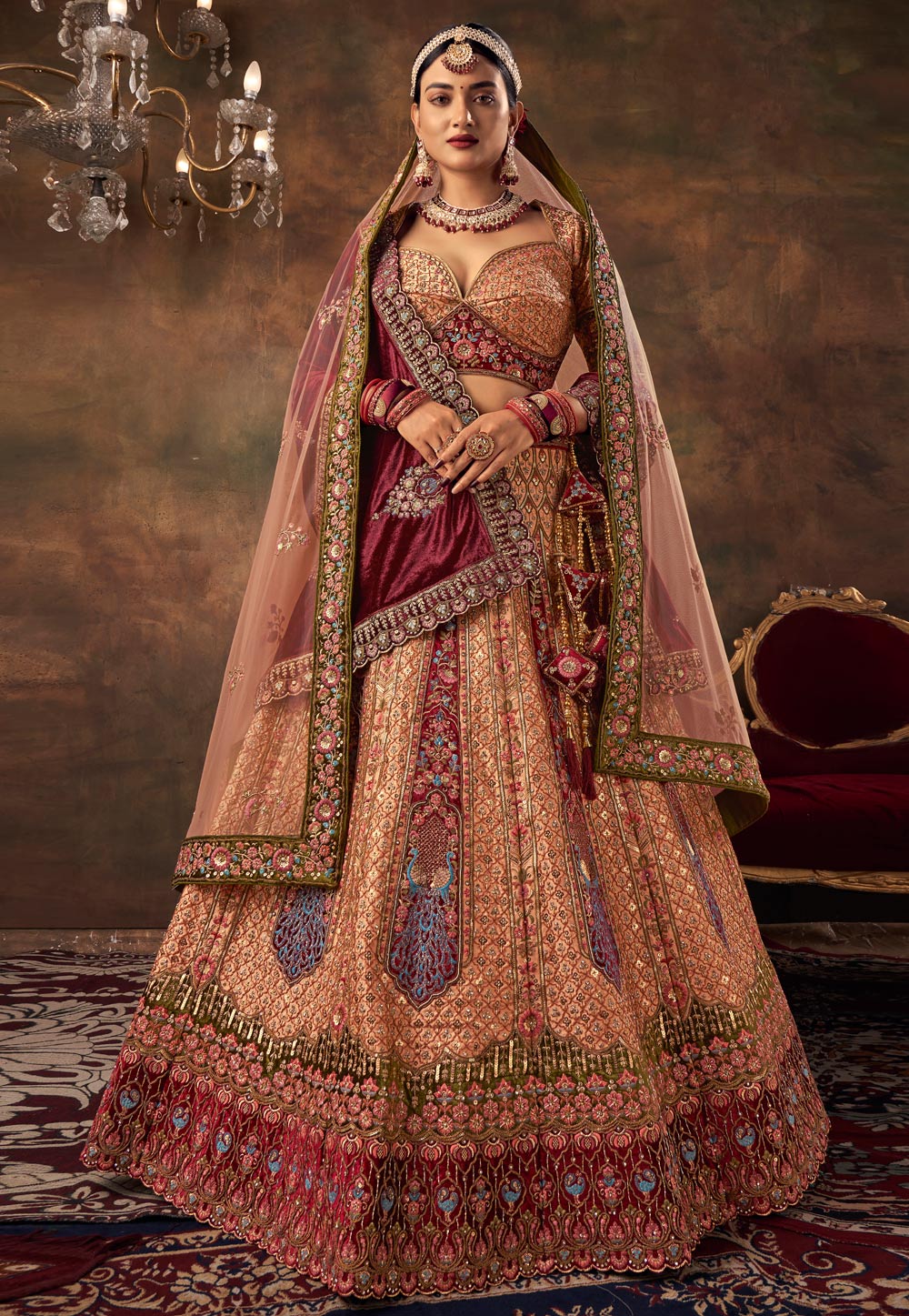 Peach Velvet Bridal Lehenga Choli 277197