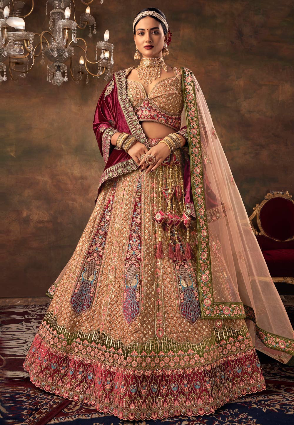 Peach Velvet Bridal Lehenga Choli 277196