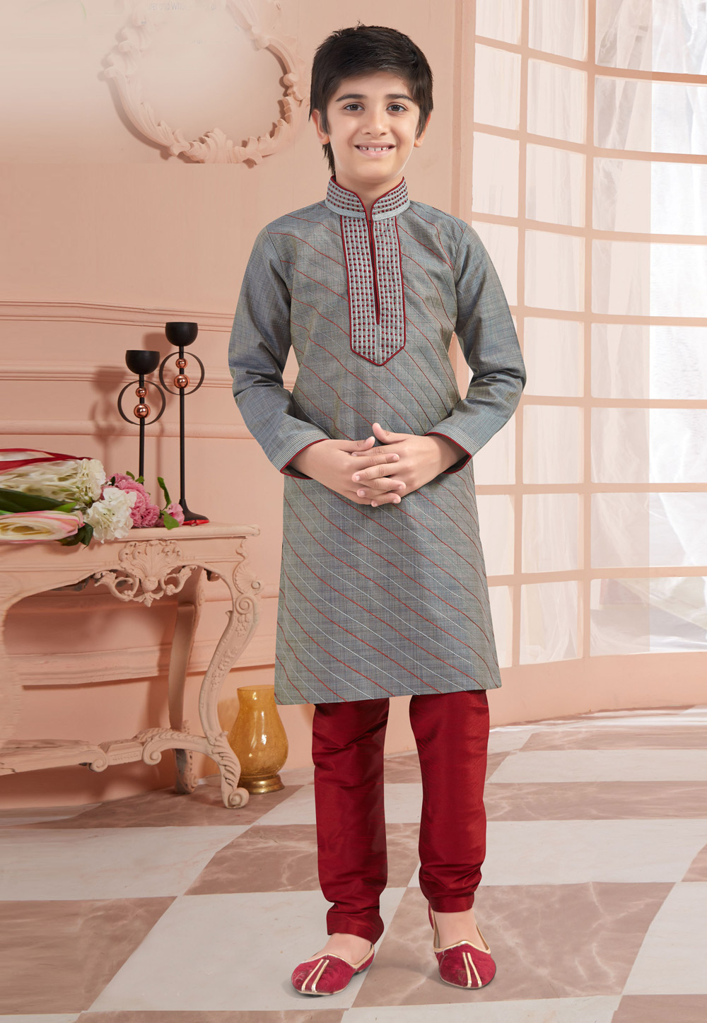 Grey Silk Readymade Kids Kurta Pajama 200844