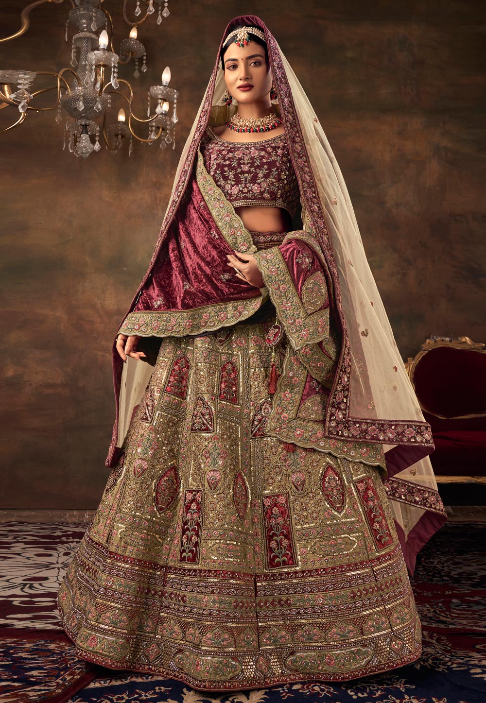 Brown Velvet Bridal Lehenga Choli 277198