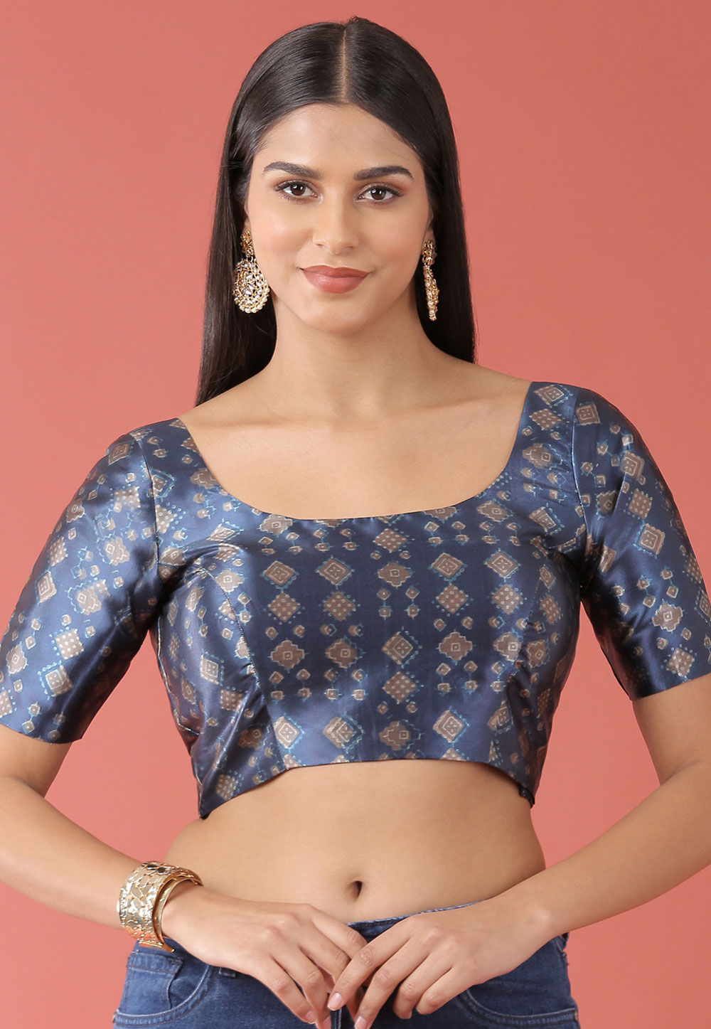 Navy Blue Polyester Readymade Blouse 264699