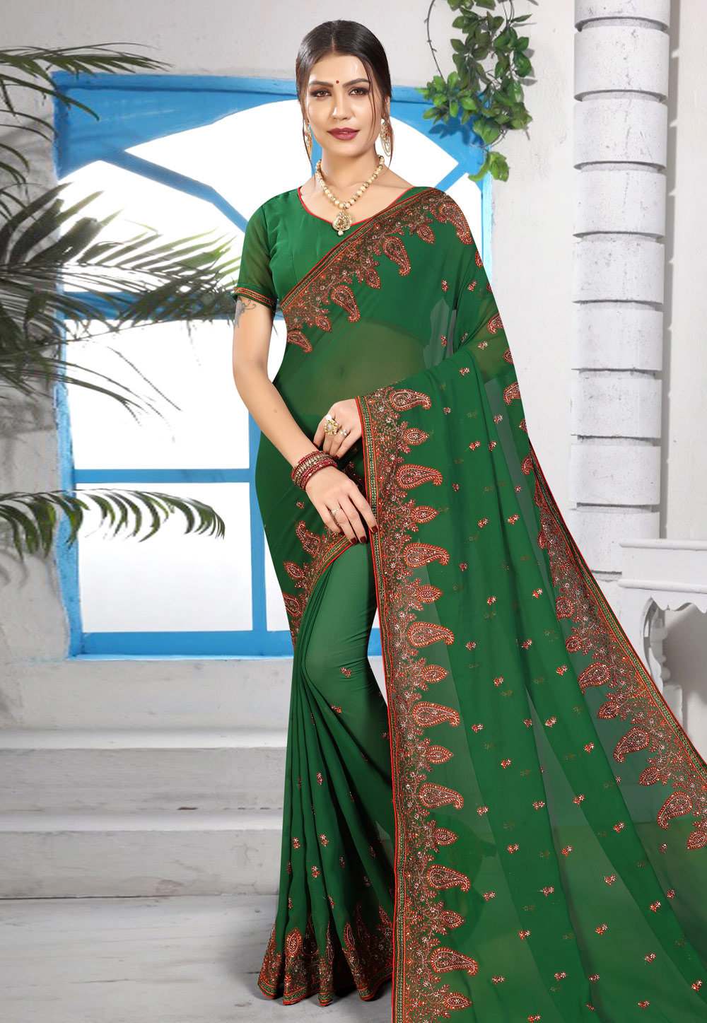 Green Georgette Saree With Blouse 169949
