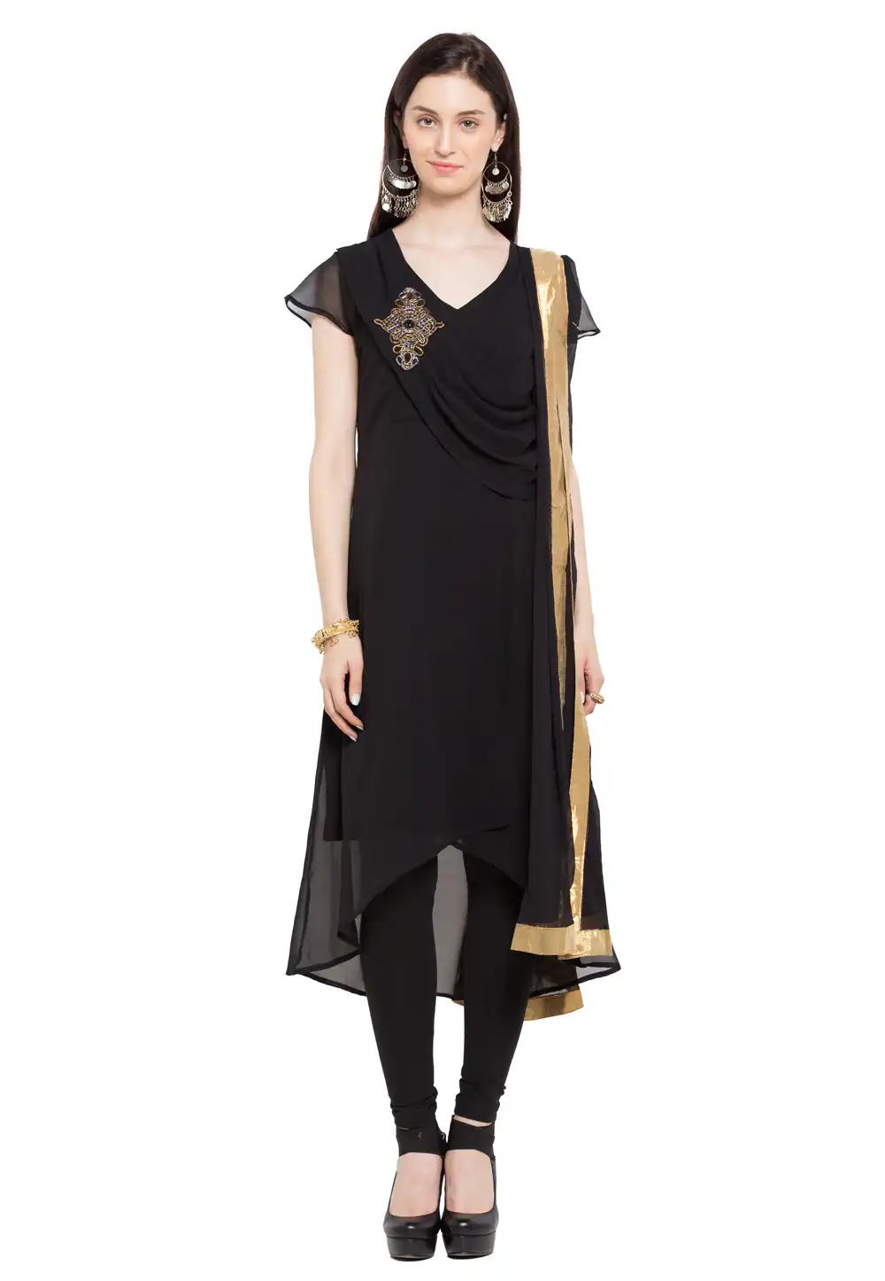 Black Faux Georgette Readymade Churidar Suit 230385