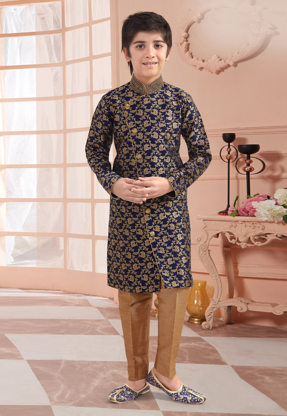 Navy Blue Jacquard Readymade Kids Indo Western Suit 200847