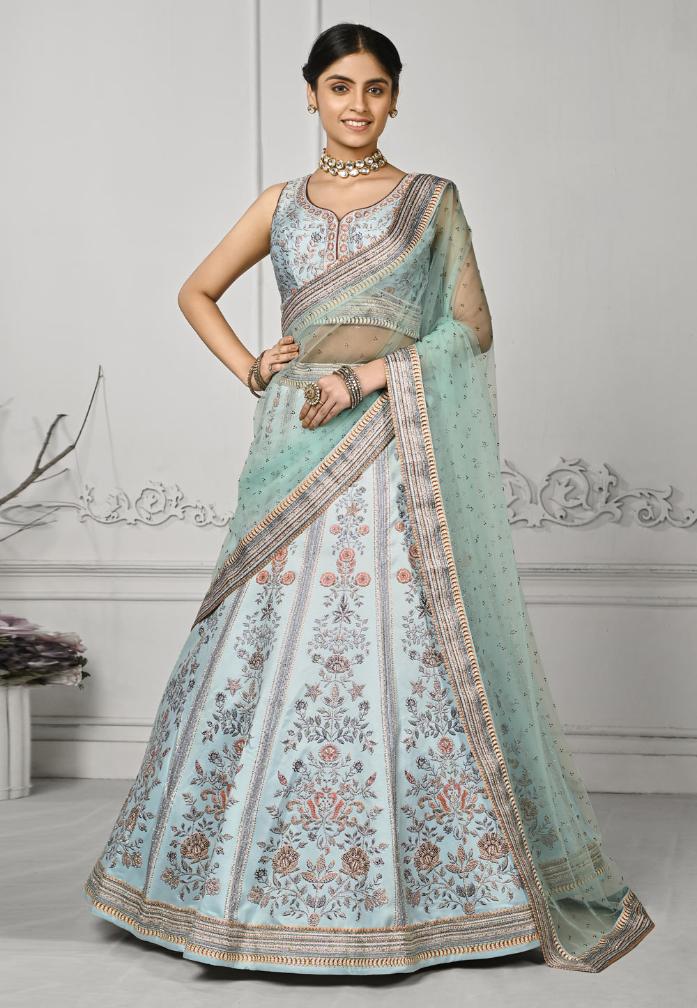 Sky Blue Satin Silk Lehenga Choli 274967