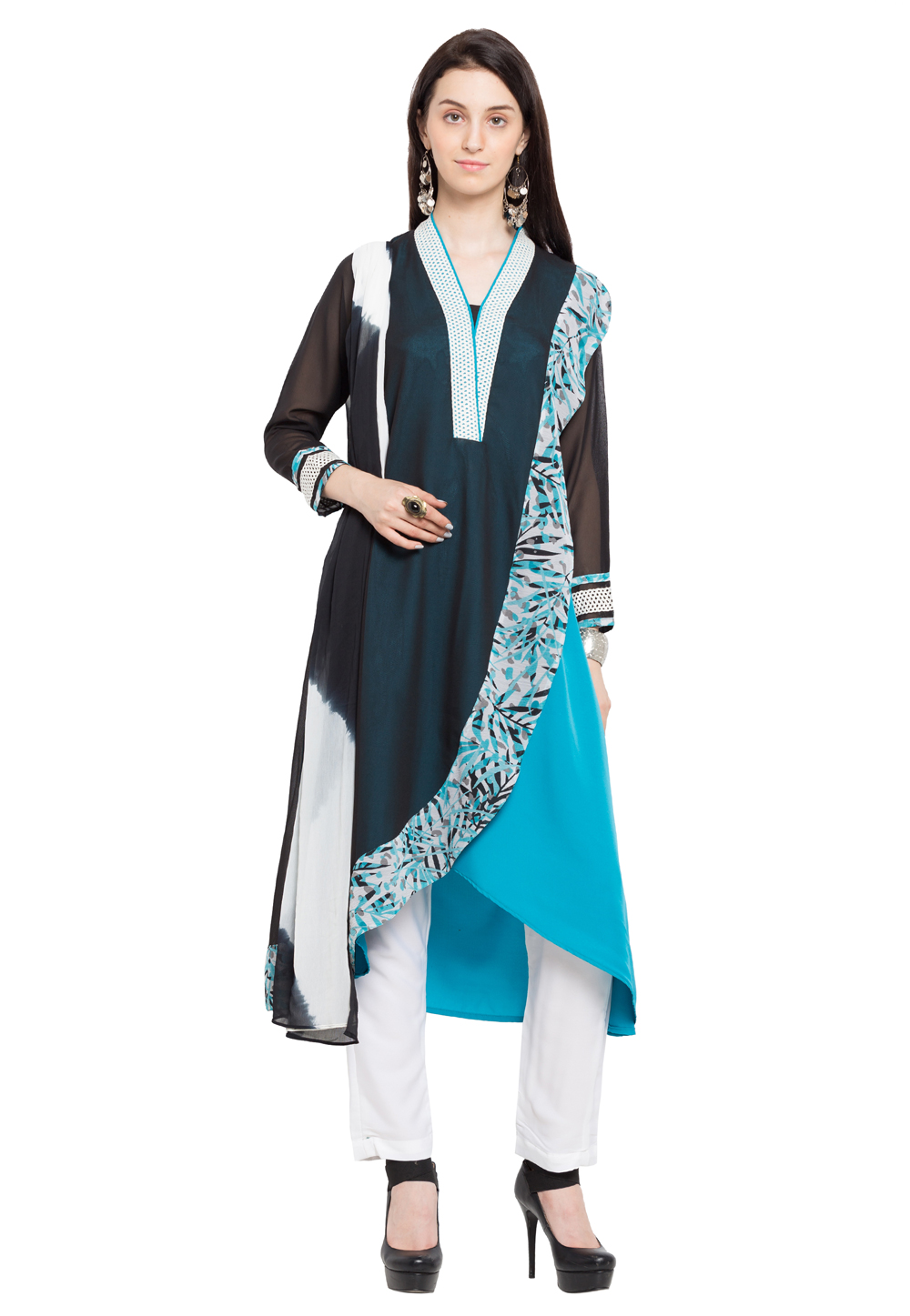 Teal Faux Georgette Readymade Pant Style Suit 230386