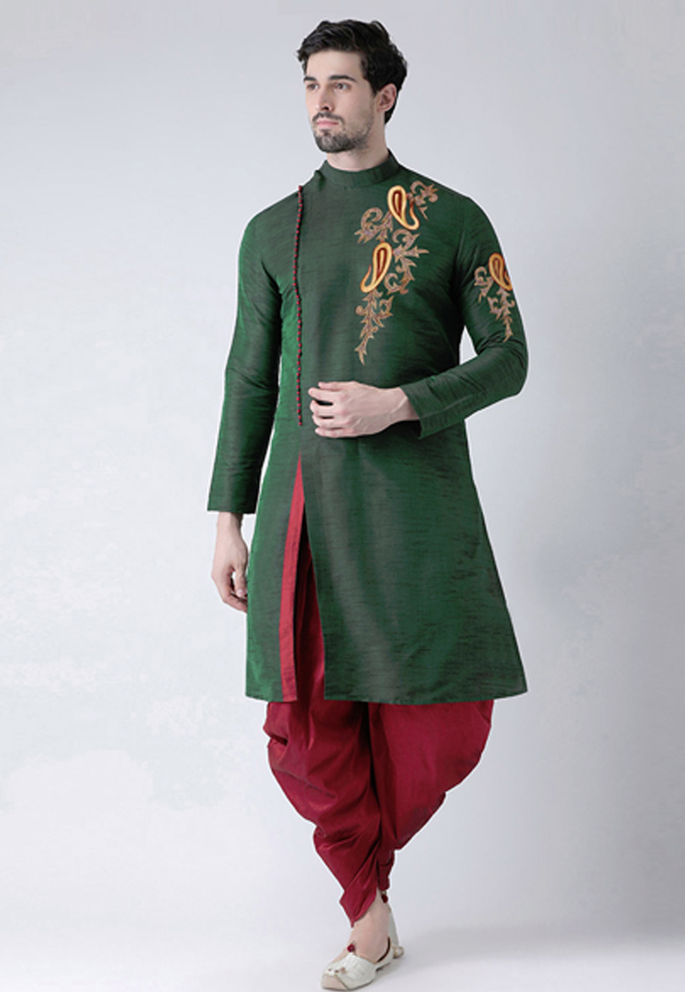 Green Dupion Silk Dhoti Kurta 236175