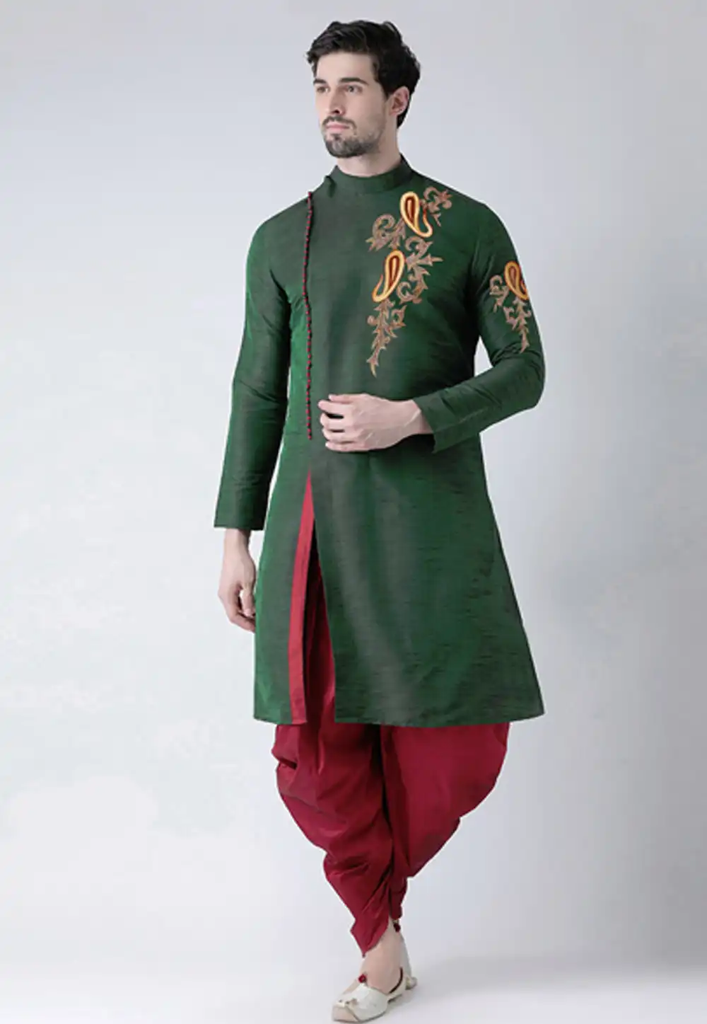 Green Dupion Silk Dhoti Kurta 236175