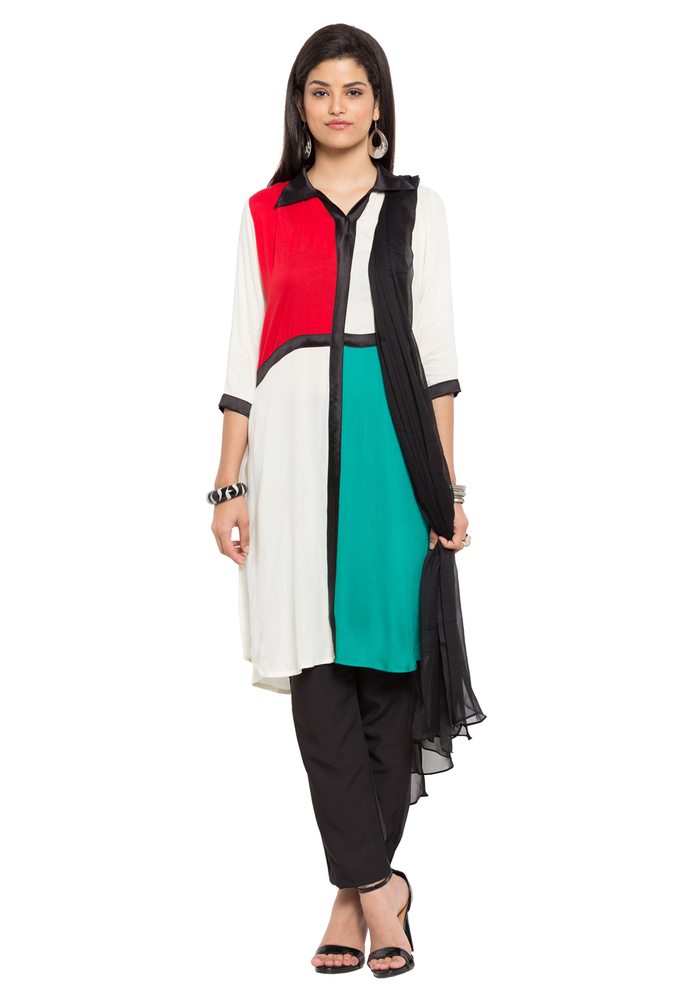 Off White Faux Georgette Readymade Pant Style Suit 230387