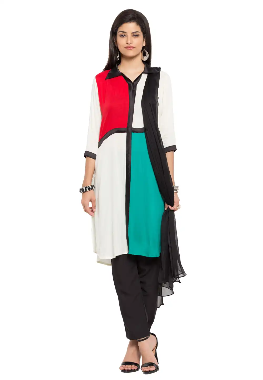 Off White Faux Georgette Readymade Pant Style Suit 230387