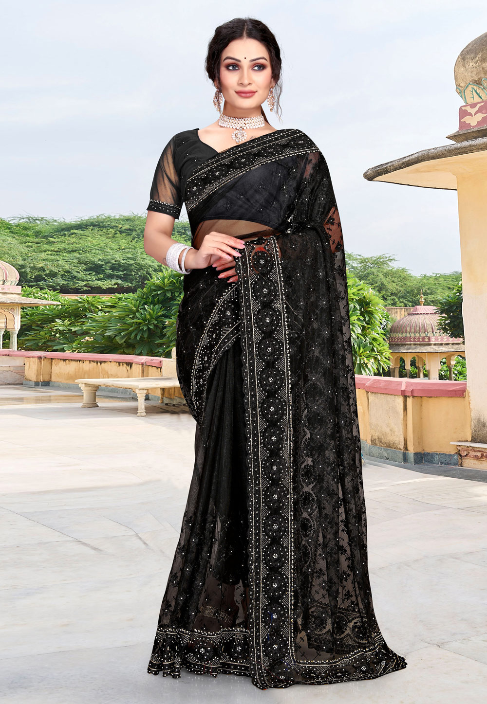 Black Net Saree With Blouse 256930