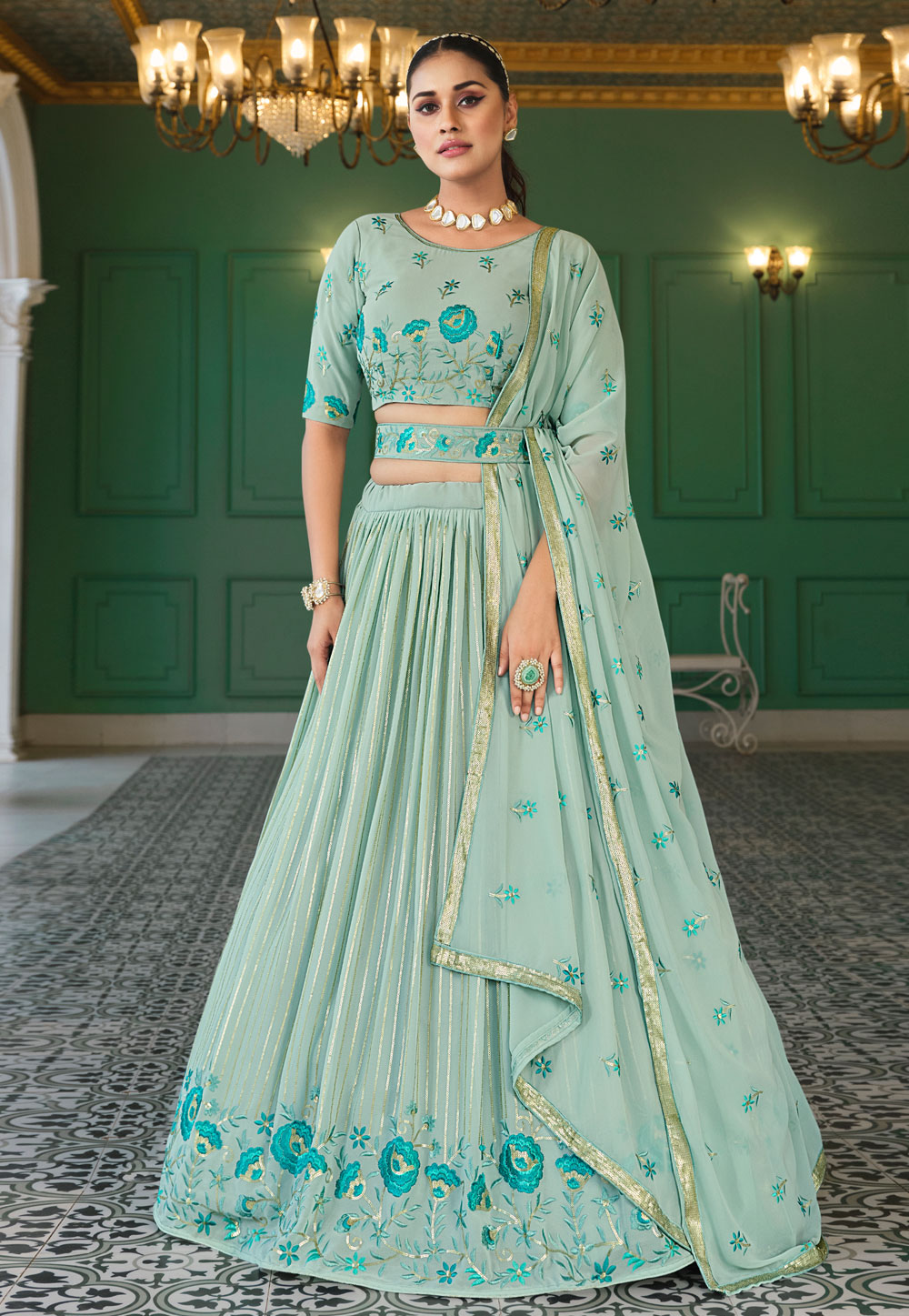 Pista Green Georgette A Line Lehenga Choli 257960