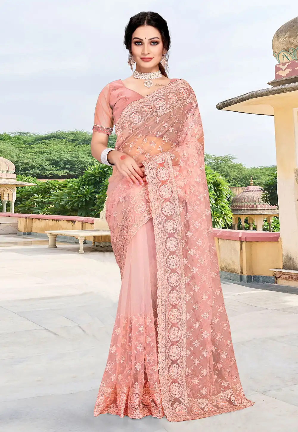 Pink Net Saree With Blouse 256932