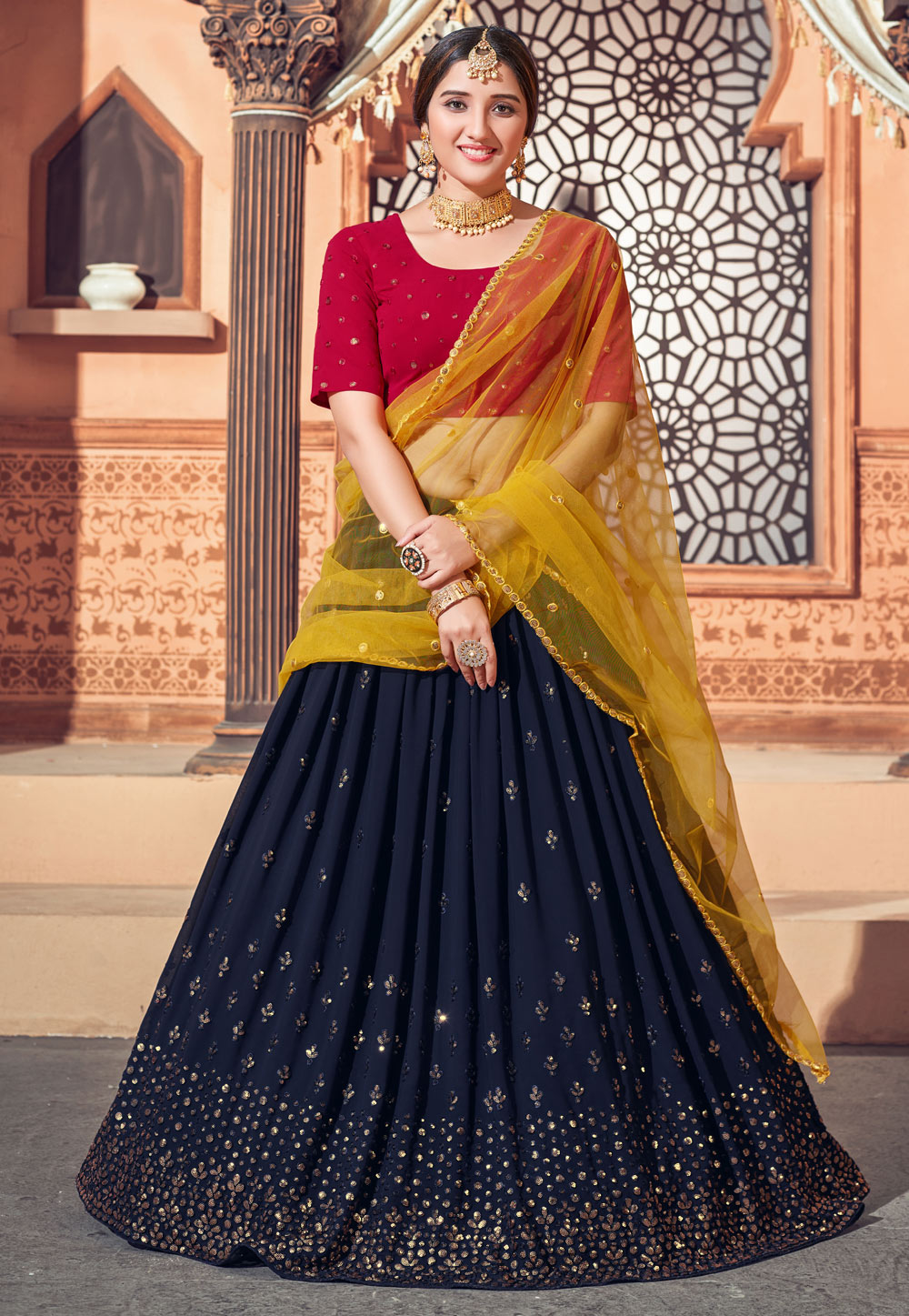 Navy Blue Georgette Sequins Work Lehenga Choli 232577