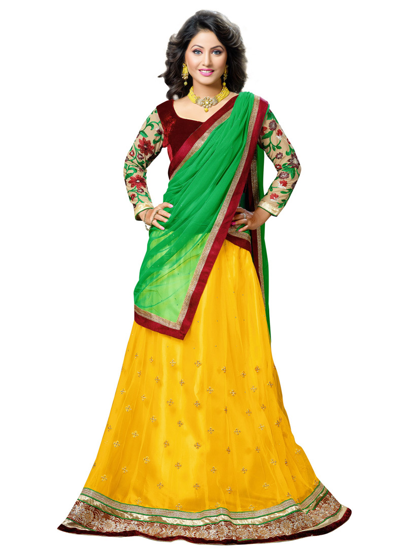 Hina Khan Yellow Net A Line Lehenga Choli 88246