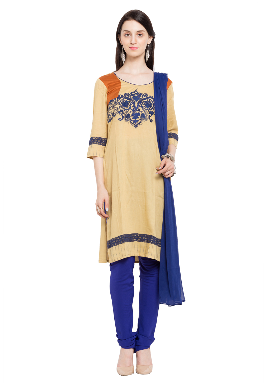 Beige Cotton Readymade Churidar Suit 230391