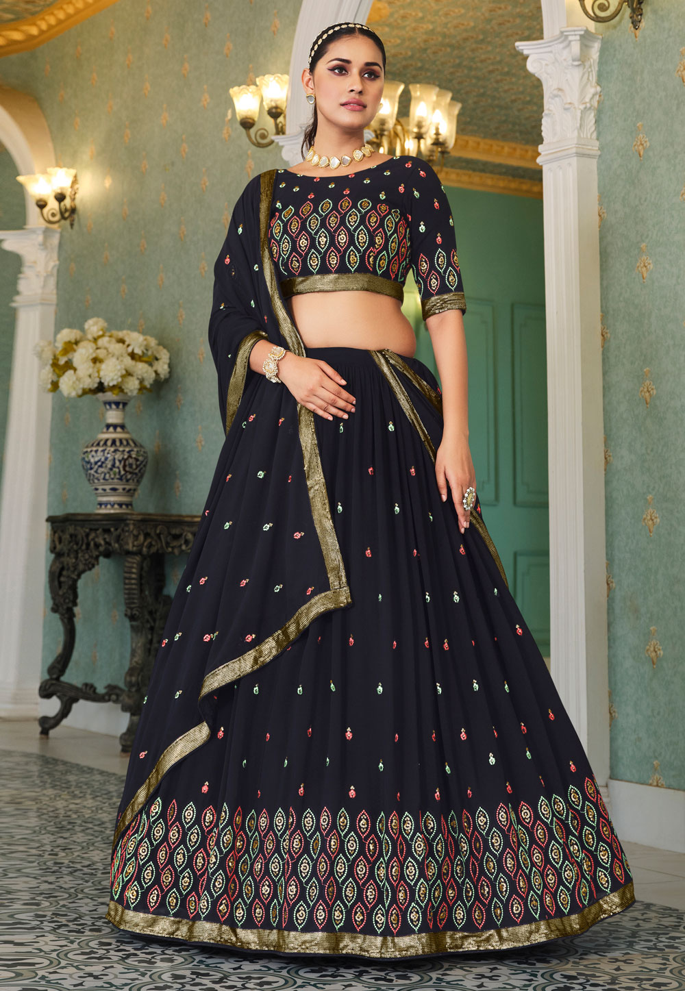 Navy Blue Georgette A Line Lehenga Choli 257961
