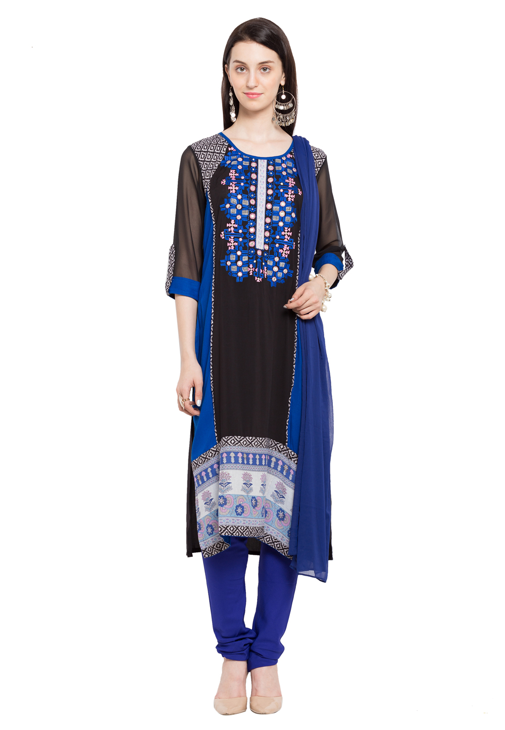 Black Cotton Readymade Churidar Suit 230394