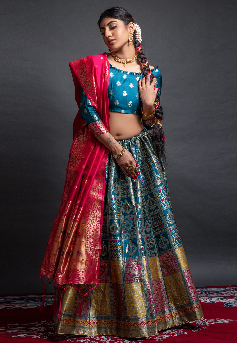 Teal Banarasi Silk Circular Lehenga Choli 258090