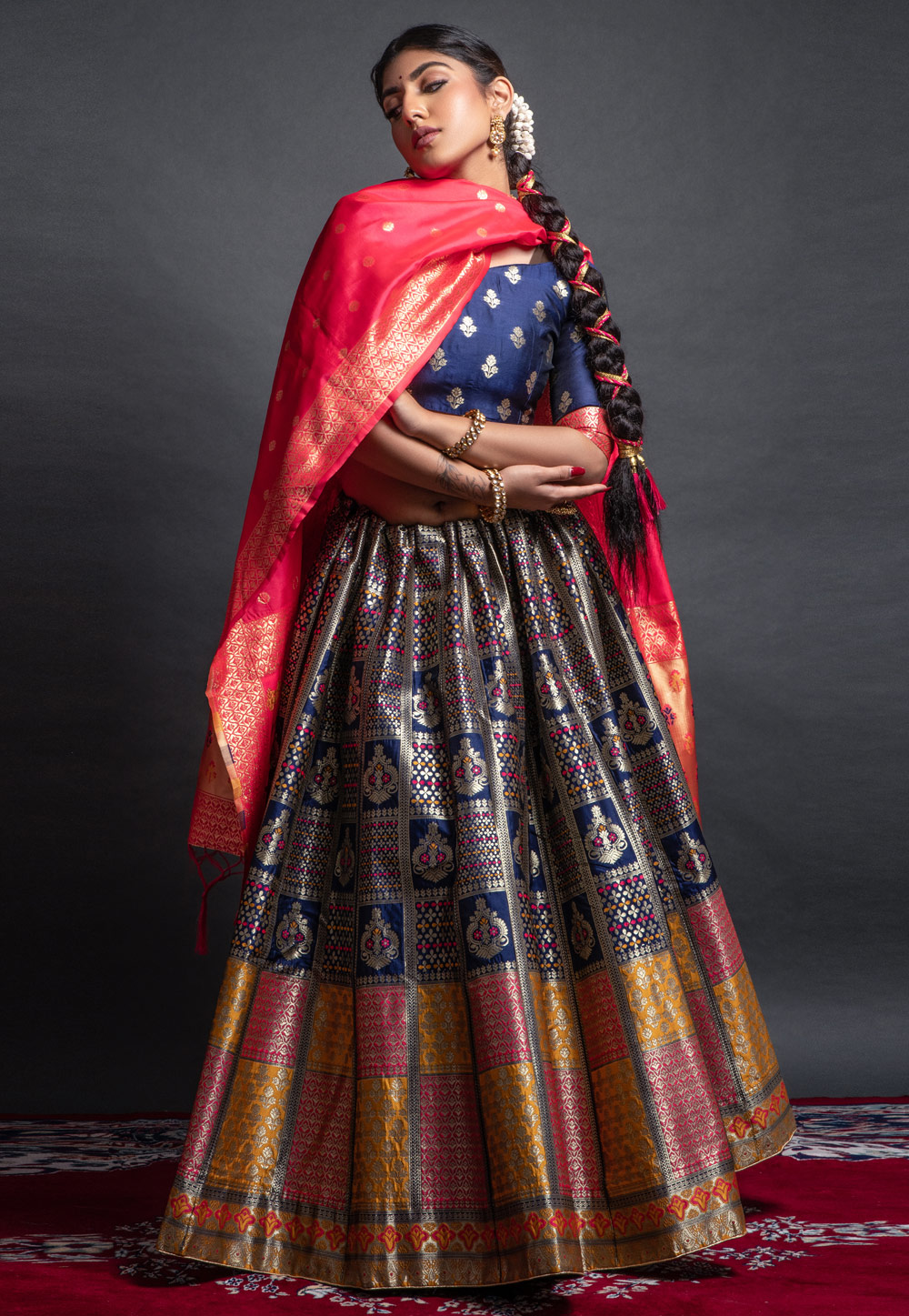 Navy Blue Banarasi Silk Circular Lehenga Choli 258091