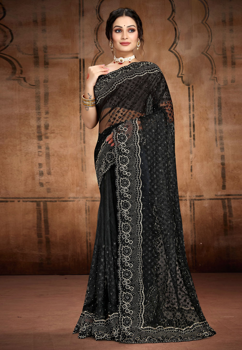 Black Net Saree With Blouse 257689