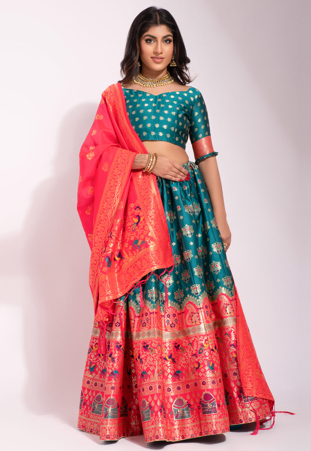 Teal Banarasi Silk A Line Lehenga Choli 261173