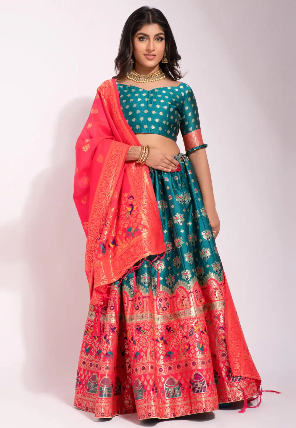 Teal Banarasi Silk A Line Lehenga Choli 261173