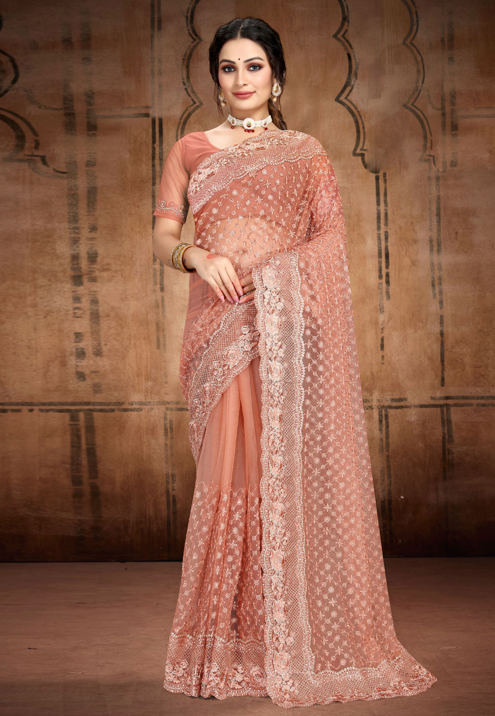 Peach Net Saree With Blouse 257692