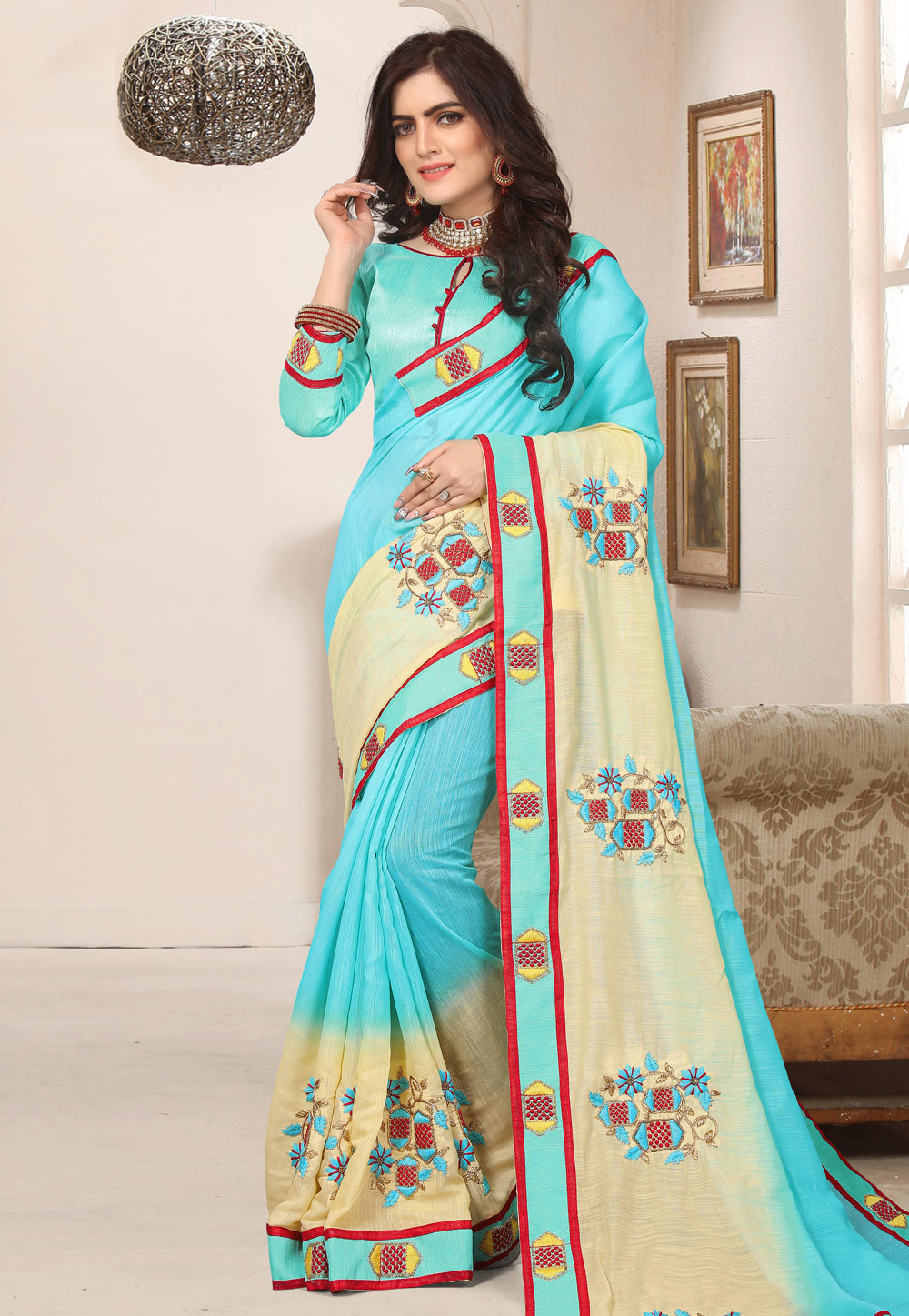 Aqua Cotton Saree With Blouse 171828
