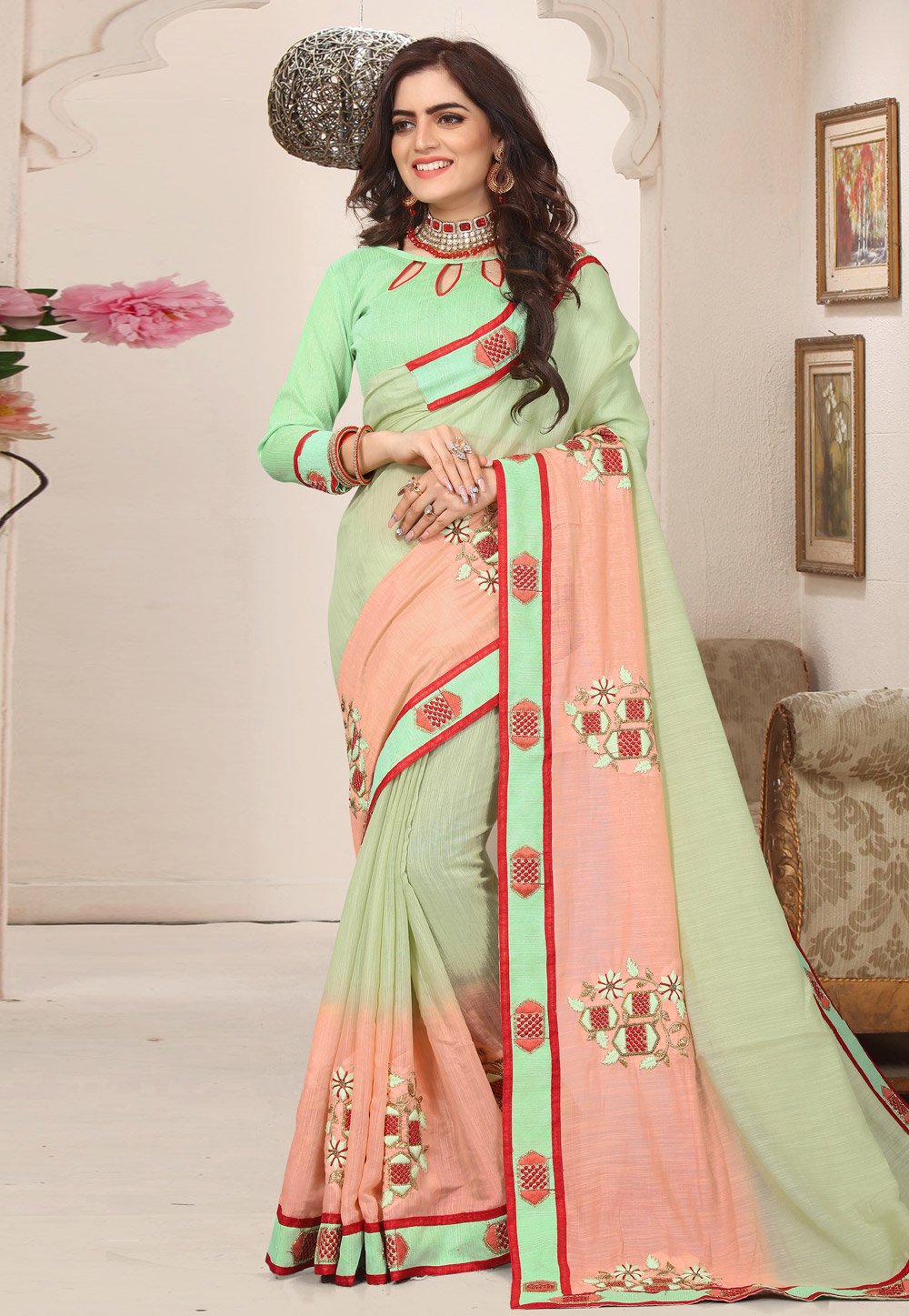 Light Green Cotton Festival Wear Saree 171829