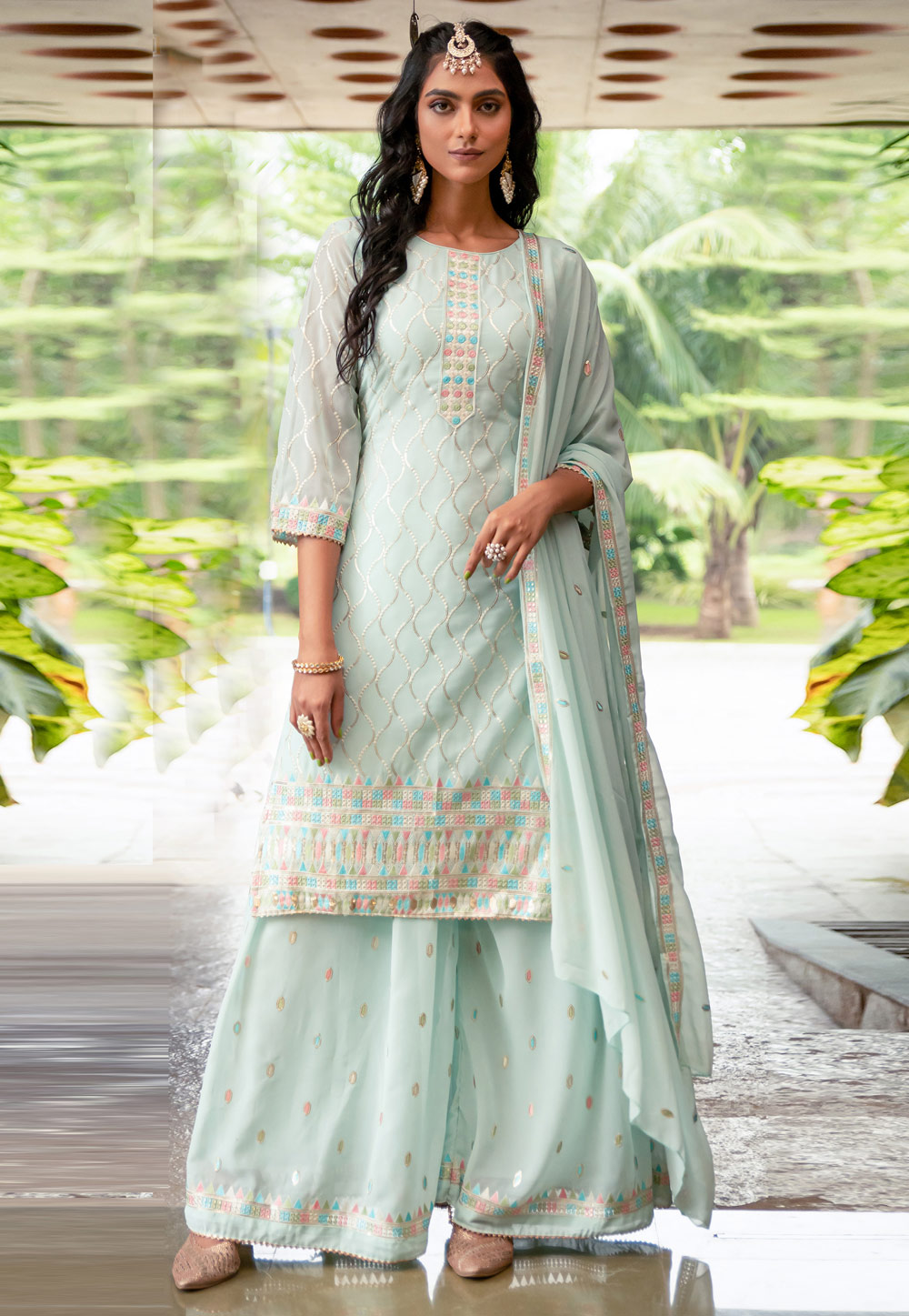Sky Blue Faux Georgette Palazzo Suit 267076