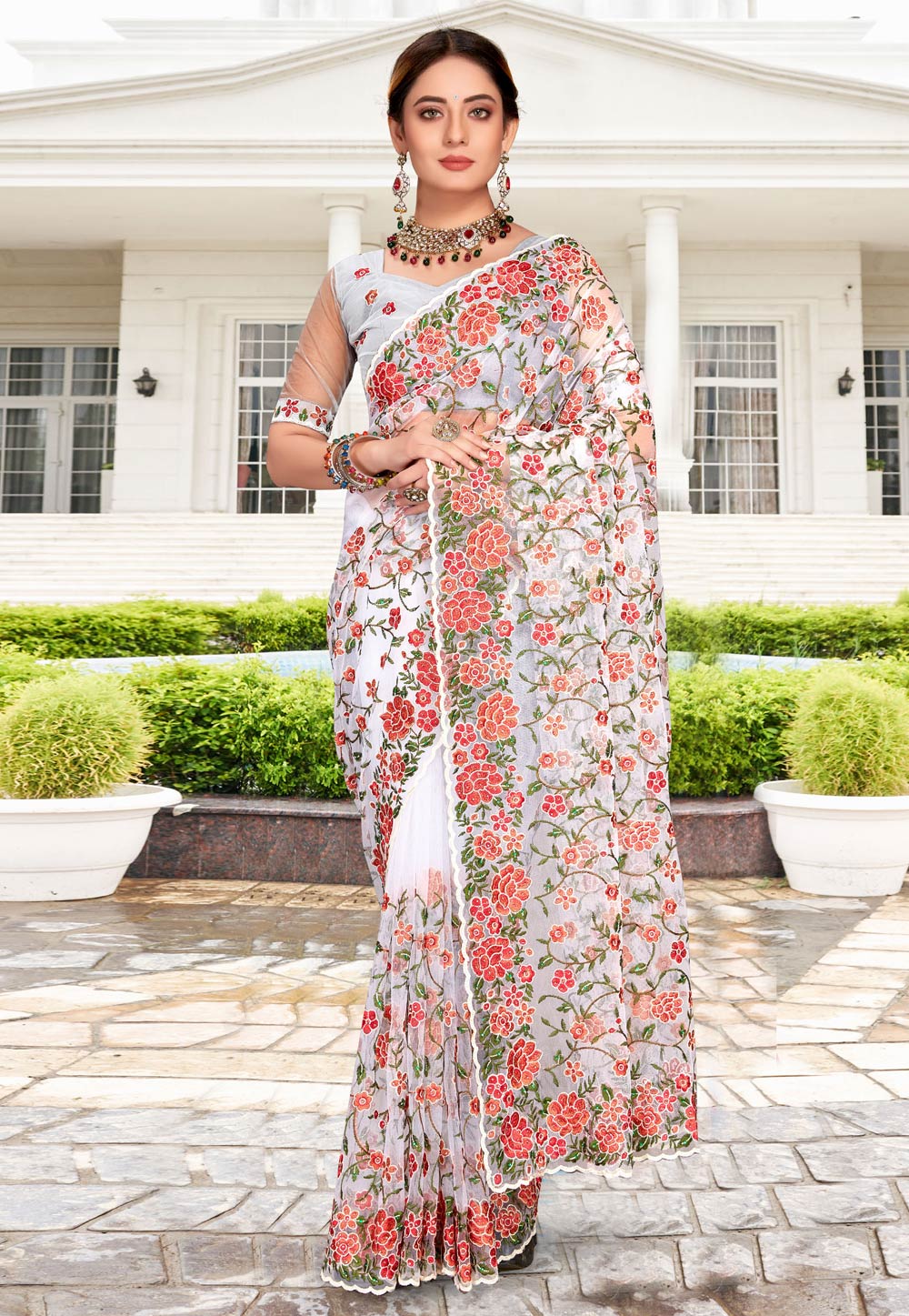 White Net Saree With Blouse 257738