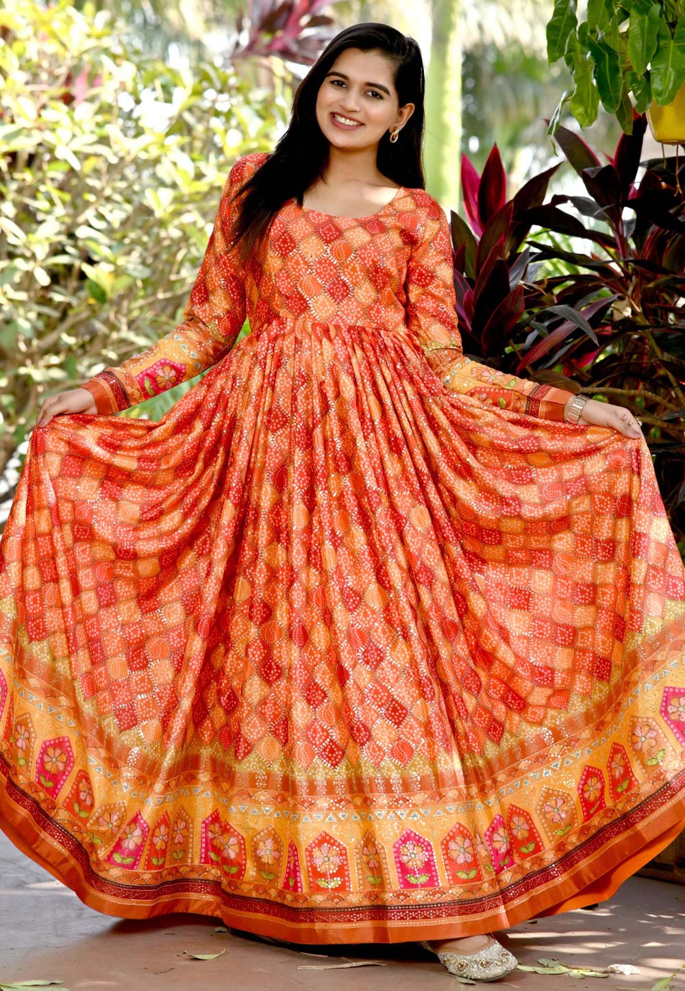 Orange Chinon Printed Gown 269464
