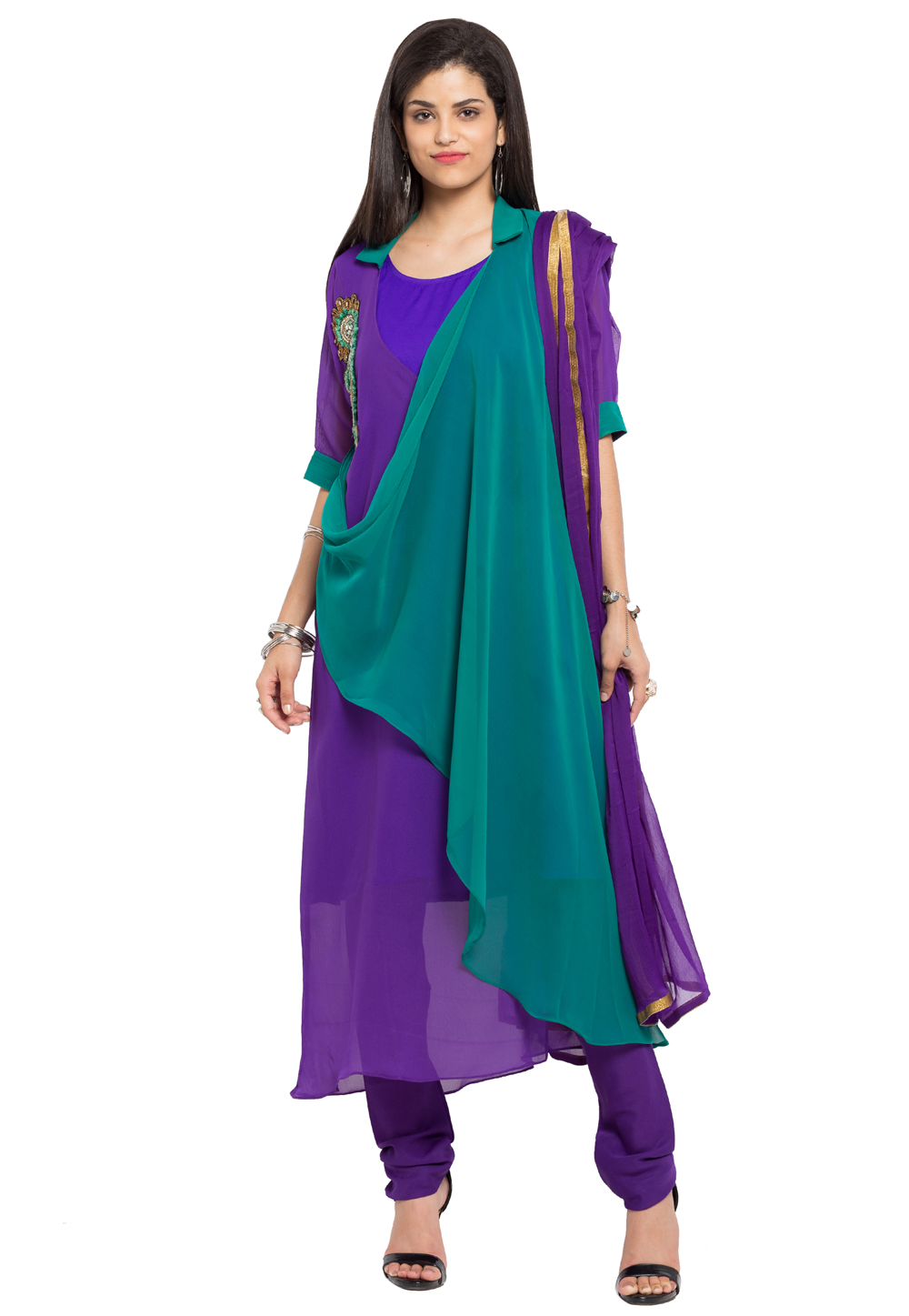 Purple Faux Georgette Readymade Churidar Suit 230404