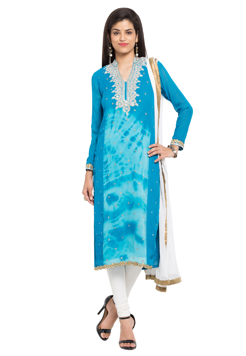 Sky Blue Faux Georgette Readymade Churidar Suit 230405