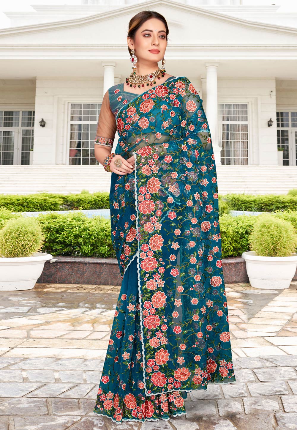 Teal Net Saree With Blouse 257744