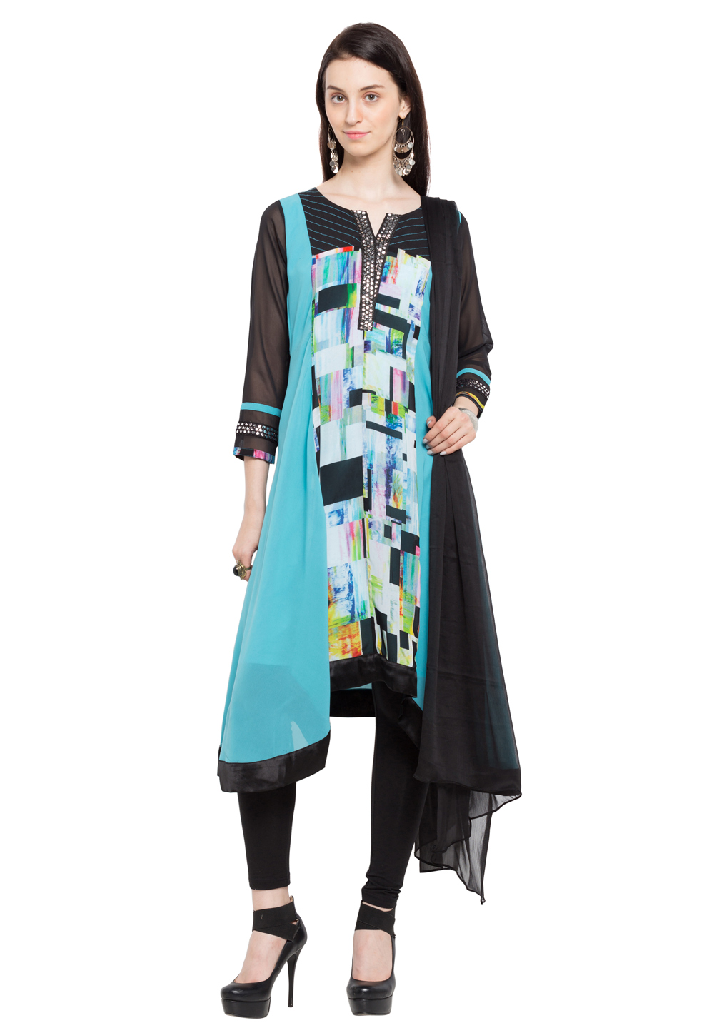 Sky Blue Faux Georgette Readymade Churidar Suit 230408