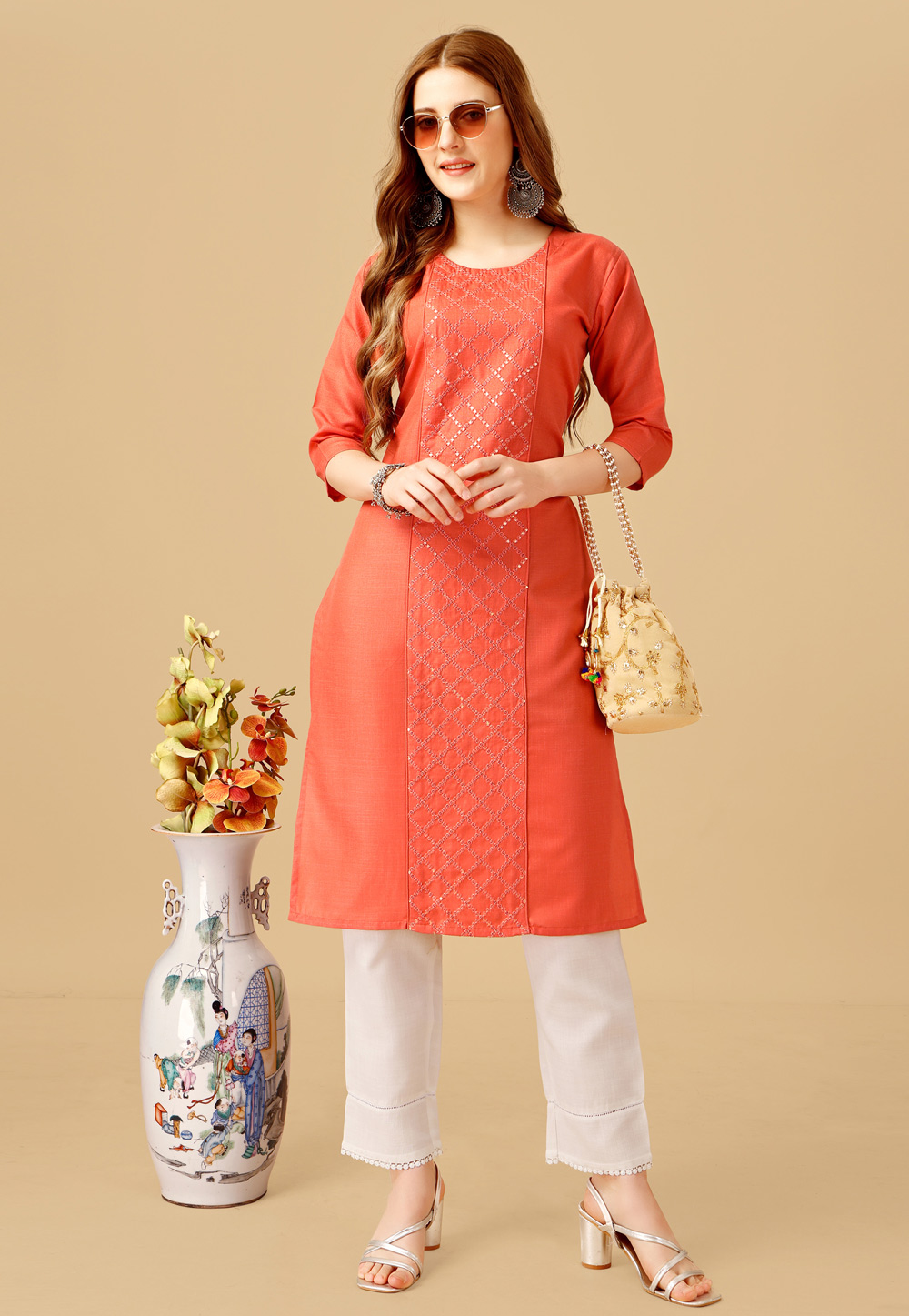 Orange Cotton Kurta Set With Pent 268274